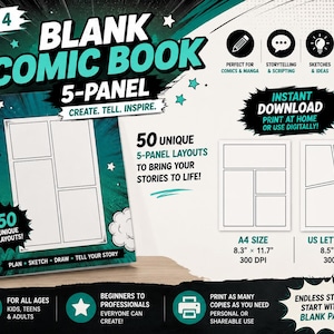 May include: A digital blank comic book template, Vol. 4, featuring 50 unique 5-panel layouts. The teal and black cover displays the text 'BLANK COMIC BOOK 5-PANEL'. Includes A4 size 8.3 x 11.7 inches and US Letter size 8.5 x 11 inches at 300 DPI.