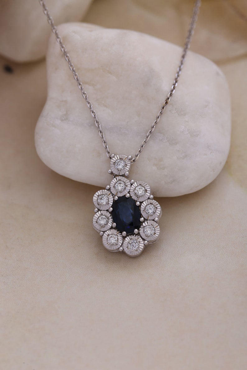 Sapphire Diamond Necklace 14K White Gold Birthstone Gemstone | Etsy