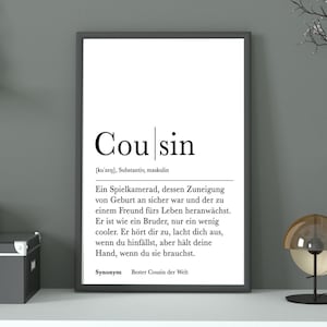 Poster COUSIN | Danke | Cousin | Geschenk | Definition | Schwangerschaft | Vorfreude | Geburtstag | Digital | Familie | Duden