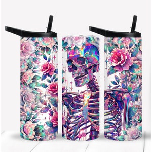 Floral Skeleton 20oz Tumbler: Pink Flowers, Duo Lid