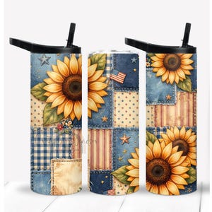 May include: Three insulated tumblers with black lids. Each tumbler features a patchwork design with sunflowers, stars, and American flags. The background includes denim, polka dots, and striped patterns. The tumblers are designed for cold beverages.