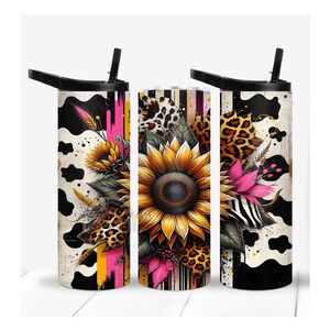 Sunflower And Cowprint Tumbler, Sunflower Tumbler, Colorful Girly Cup, Cowhide Tumbler, Leopard Print Tumbler, 20oz Tumbler
