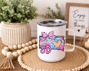 South Dakota Camper Mug, SD State Coffee Mug, Colorful South Dakota Gift for Her, South Dakota Souvenir, State Pride Travel Mug