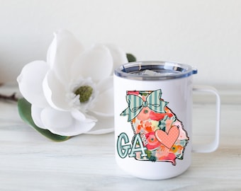Georgia State Mug: Floral Relocation Gift, Insulated Stainless Steel