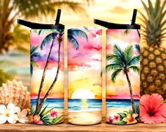 Tropical Beach Sunset Tumbler, 20oz Skinny Travel Mug, Palm Tree Stainless Steel Cup, Summer Vacation Gift, Coastal Drinkware