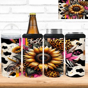 Sunflower And Cowprint Tumbler, Sunflower 4 in 1 Can Cooler, Colorful Girly Cup, Cowhide Tumbler, Leopard Print Tumbler, 20oz Tumbler
