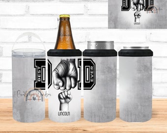 May include: A collection of gray drink insulators and a tumbler. One insulator features a beer bottle. The insulators have a distressed gray background with the words "BEST DAD EVER" and a graphic of a hand holding a smaller fist. The name "LINCOLN" is below the graphic.