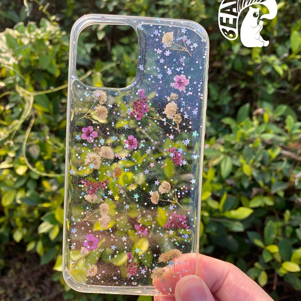 Echte getrocknete Blume Handyhülle, lila Blume mit Funken - iPhone 13 12 11 XR XS Max 8 7 6 Pro Plus Mini/Hibiskus Blütenhüllen