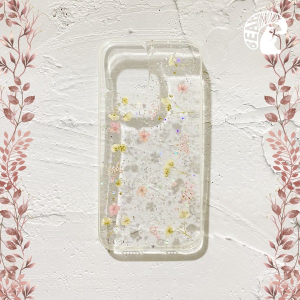 Véritable coque de portable fleurs pressées faites main, coque de portable fleur rose avec étincelles pour iPhone 13 12 11 XR XS Max 8 7 6 Pro Plus/fleurs d'hibiscus