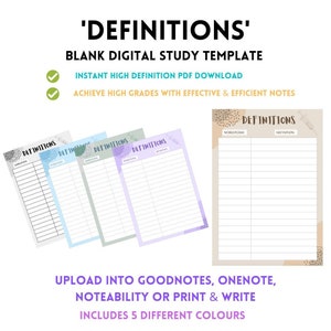 Puede incluir: Cinco guías de estudio imprimibles de diferentes colores con el título "DEFINITIONS" y columnas para "WORD/TERM" y "DEFINITION".