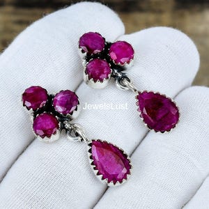 Kashmir Ruby Gemstone 925 Sterling Silver Handmade Earrings, Kashmir Ruby Handmade Silver Bohemian Jewelry Earrings Gifts For Love/Her
