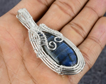Blue Fire Labradorite, 925 Silver Wire Wrapped Labradorite Pendant, Handmade Gemstone, Christmas Gift&#39;s, New Year Gift&#39;s, Anniversary Gift.