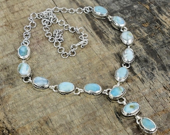 Natuurlijke Larimar-ketting 925 sterlingzilver Elektroforming ketting, huwelijkscadeau, ketting voor vrouwen, kerstcadeaus, verjaardagscadeaus