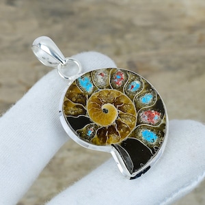 May include: A silver pendant featuring a fossilized ammonite with a spiral pattern in shades of brown, black, and red with turquoise accents.