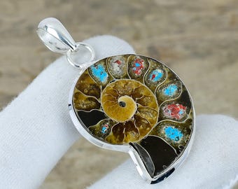 Rare Ammonite Fossil Gemstone Pendant, 925 Sterling Silver Handmade Jewelry, Unique Pendant, Wedding Jewelry, Crystal Pendant For Gift