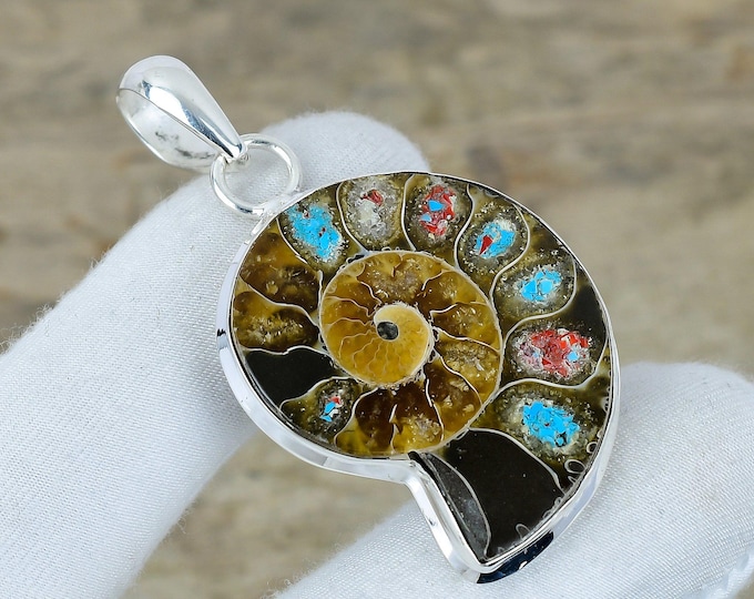 Rare Ammonite Fossil Gemstone Pendant, 925 Sterling Silver Handmade Jewelry, Unique Pendant, Wedding Jewelry, Crystal Pendant For Gift