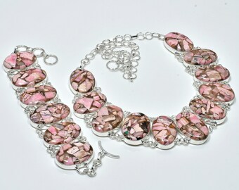 Copper Pink Rhodochrosite Jewelry Set, 925 Sterling Silver Jewelry Set, Handmade Jewelry Set, Gifts For Women, Necklace Bracelet Jewelry Set