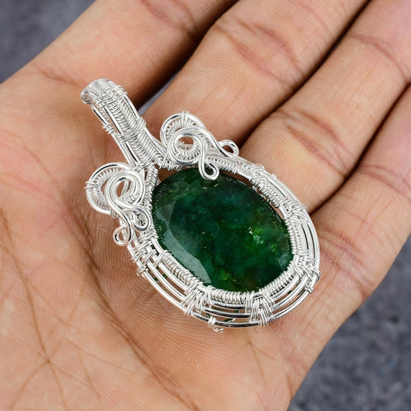 Emerald Silver Pendant Handmade Jewelry 925 Sterling Silver Wire Wrapped Green Gemstone Silver Pendant Emerald Necklace Gift For Her