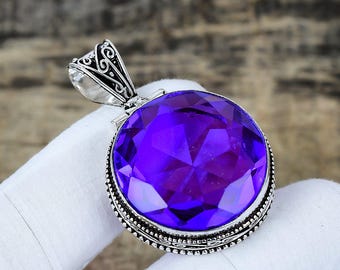 Amethyst Edelstein Anhänger | 925 Sterling Silber Anhänger | Handgefertigter Schmuck | Amethyst Halskette | Runde Form Anhänger | Geschenk für Unisex