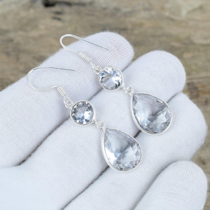 White Topaz Gemstone Earrings 925 Sterling Silver Earrings Handmade Gifts, Silver Dangle & Drop Earrings For Anniversary Gifts, Love Gifts