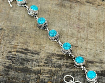Round Turquoise Gemstone Bracelet, Solid 925 Sterling Silver Handmade Bracelet, Vintage Design Bracelet, Adjustable Bracelet For Love Gifts