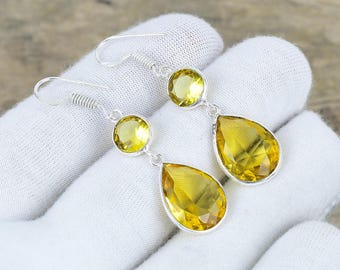 Yellow Citrine Gemstone Earrings 925 Sterling Silver Earrings Handmade Earrings, Silver Dangle & Drop Earrings For Birthday Gifts, Love Gift