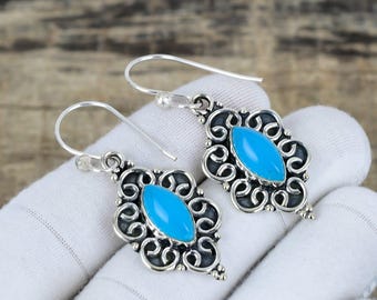 Blue Chalcedony Gemstone Handmade 925 Sterling Silver Jewelry Earring 925 Stamped Gemstone Blue Chalcedony Silver Fine Earring Gifts For Her