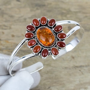 Baltic Amber & Red Carnelian Gemstone Bangle, 925 Sterling Silver Bangle, Handmade Design Bangle, Silver Jewelry For Anniversary Gifts