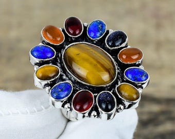 Anillo de ojo de tigre, cornalina y múltiples piedras preciosas, joyería de plata de ley 925, anillo hecho a mano, anillo de piedras preciosas naturales, regalos de aniversario