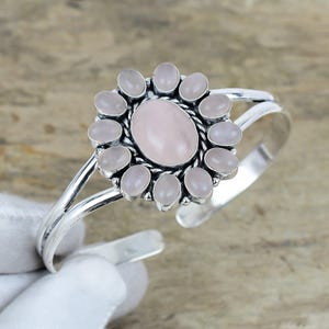 Elegant Rose Quartz Gemstone Bangle, 925 Sterling Silver Handmade Jewelry, Silver Bangle, Antique Style Jewelry For Mother&#39;s Day Gifts
