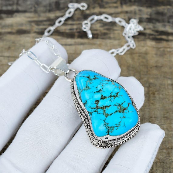 Turquoise Gemstone Handmade 925 Sterling Silver Jewelry Pendant Necklace,  Unique Shape Turquoise Antique Silver Chain Pendants For Gifts