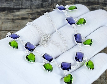 Beautiful Peridot Heart Shape Gemstone Necklace, Handmade 925 Sterling Silver Necklace, Amethyst Statement Jewelry, Valentine's Day Gift