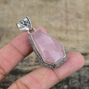 Natural Rose Quartz Pendant Coffin Rose Quartz Gemstone Handcrafted 925 Sterling Silver Rose Quartz Pendant For Special Occasion Gift