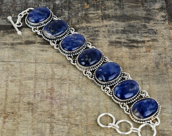 Elegante pulsera de sodalita, joyería de plata de ley 925, pulsera hecha a mano, piedra preciosa de sodalita, pulsera de diseñador, regalo de San Valentín,