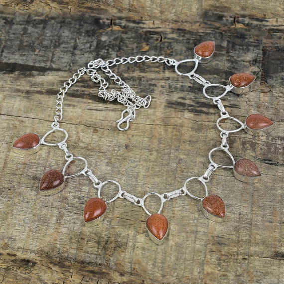 Collier En Argent Sterling 925 Fait Main Avec Pierre Sunstone Rouge - Bijou Réglable