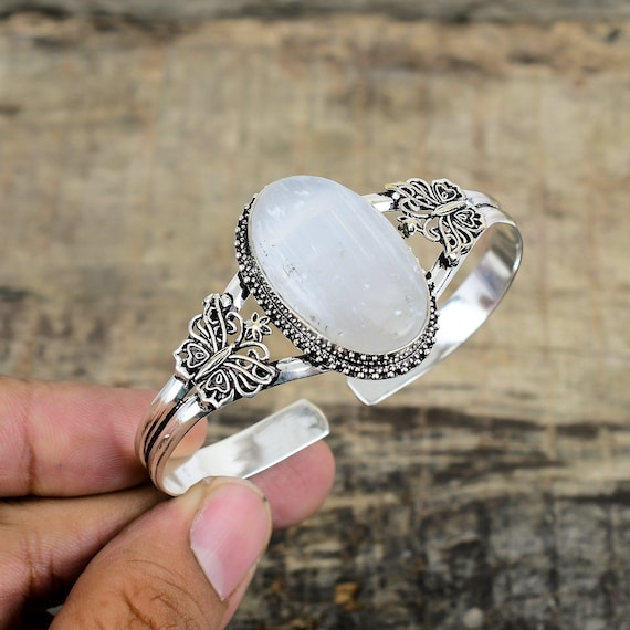 Bracelet Manchette En Argent 925 Avec Pierre De Lune – Fait Main Inde – Réglable – Cuff