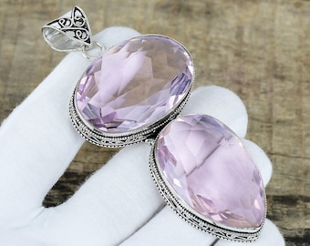Pendentif Fait Main En Argent 925 Avec Kunzite Rose - Pierre Créée En Labo, Bijou Délicat