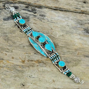 Unique Design Turquoise Bracelet 925 Sterling Silver Bracelet Tibetan Bracelet Handmade Bracelet Asian Nepal Jewelry Bohemian Bracelet