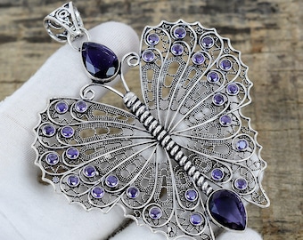 Collier Chaîne Avec Pendentif Papillons Et Améthyste En Argent Massif - Occasion - Marque Esprit
