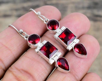 Elegant Red Garnet Earrings Garnet Gemstone 925 Sterling Silver Earrings Handmade Silver Jewelry Dangle Drop Earrings For Anniversary Gifts