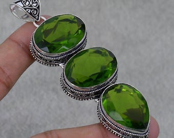 Unique Peridot Gemstone Pendant in Solid 925 Sterling Silver Jewelry, Peridot Pendant, Peridot  Three Big Stone Pendant Duty Free Jewelry