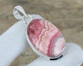 Ciondolo con pietra preziosa di rodocrosite rosa, gioielli in argento sterling 925, ciondolo con pietra preziosa, gioielli da indossare ogni giorno, ciondolo semplice per regali di compleanno