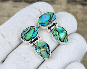 Pendientes de concha de abulón, plata de ley 925, joyería artesanal con gema de concha de abulón, pendientes llamativos de estilo bohemio, regalo perfecto
