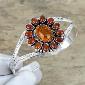 Baltic Amber & Red Carnelian Gemstone Bangle, 925 Sterling Silver Unique Bangle, Handmade Design Bangle, Boho Jewelry For Engagement Gifts