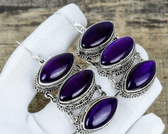 925 Sterling Silver | Dainty Triple Drop Purple Labradorite Gemstone Earrings Boho Marquise Jewelry | Handmade Dangle Earrings | Gift