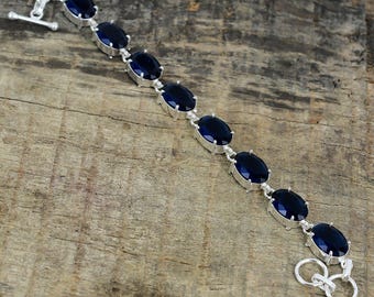 Blått safirarmband, handgjort armband i 925 sterlingsilver, safir, justerbart kedjearmband, jubileumspresenter, kärlekspresenter