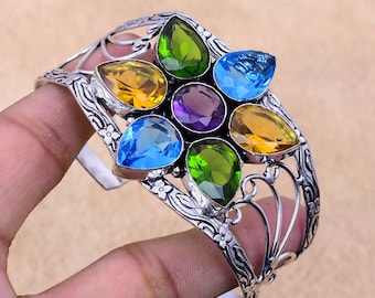 Preciosa pulsera con múltiples piedras preciosas de topacio, joyería hecha a mano en plata de ley 925, pulsera ajustable con diseño floral para regalos de aniversario.