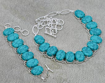 Natuurlijke turkooizen edelsteenketting met armband, handgemaakte 925 sterlingzilveren sieradenset, verstelbare ketting en armband voor liefdescadeaus