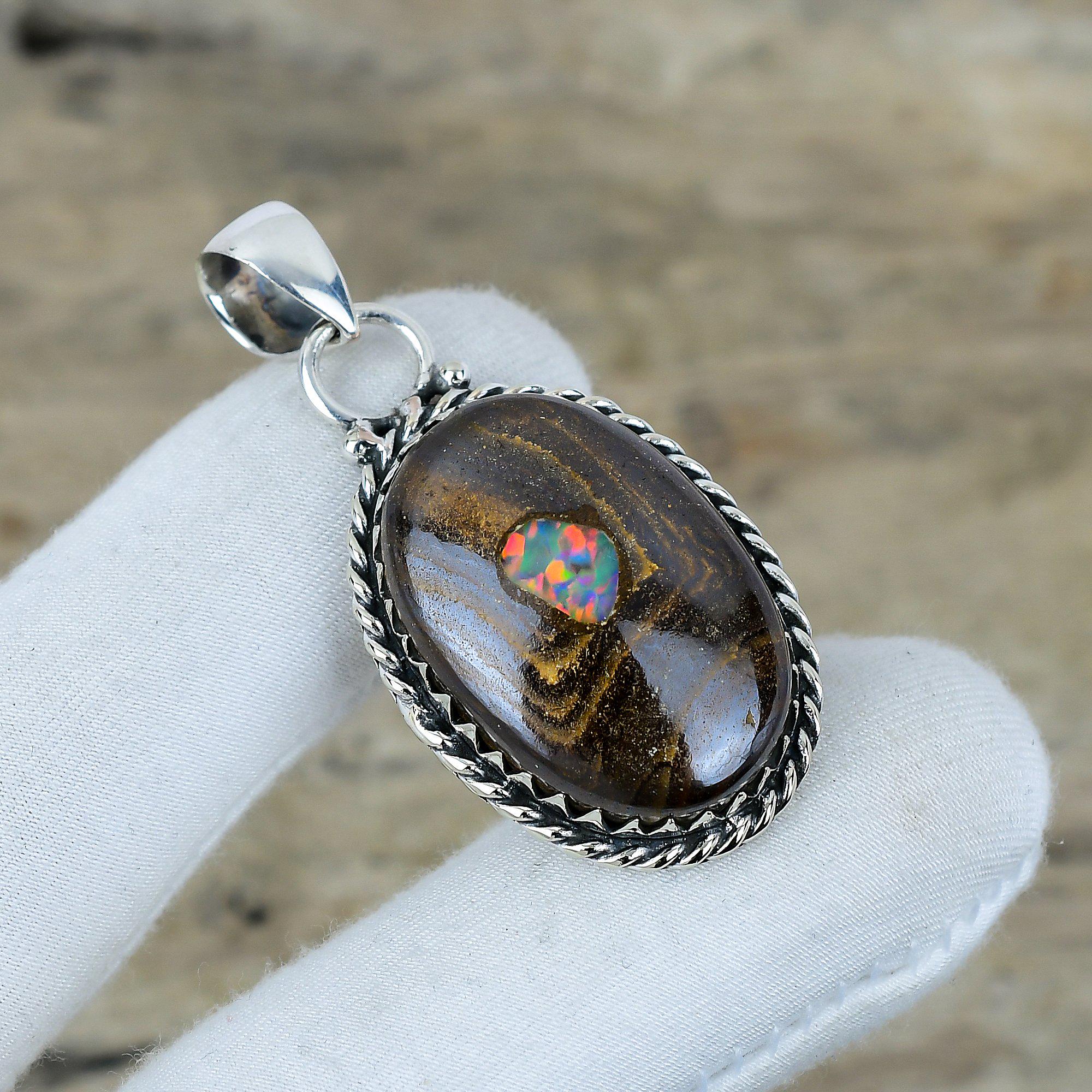 Unique Boulder Opal Gemstone Pendant, Solid 925 Sterling Silver