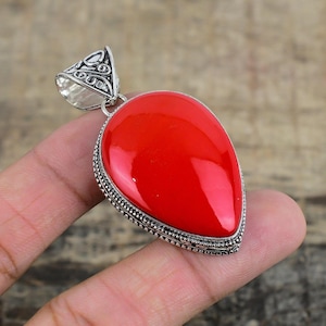 Red Coral Gemstone Pendant Crystal Pendant Handcrafted 925 Sterling Silver Pendant, Red Vintage-Inspired Pendant For Engagement Gifts